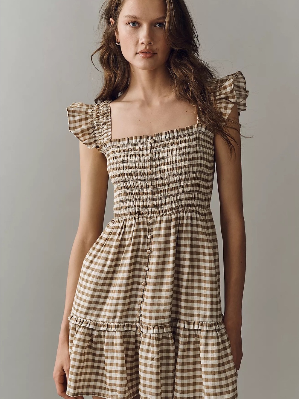 Peregrine 100% European Linen Mini Dress by Anthropology Brown Plaid Size Large